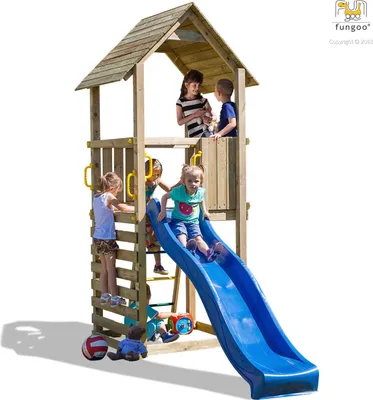 Produktbild von Fungoo Spielturm / Gartenspielhaus CAROL1, mit Rutsche 2,2m & Sprossenwand; 03030