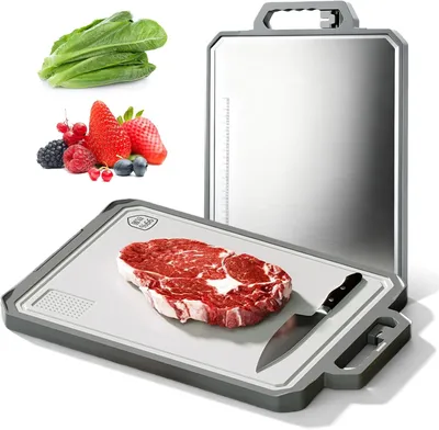 Obrázok produktu pre Doska na krájanie 43,8 x 30 cm, nehrdzavejúca oceľ a plast, obojstranná, do kuchyne