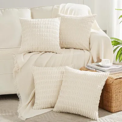 Immagine prodotto di Set di 4 federe per cuscini, 45x45 cm, in velluto di cotone, colore crema, morbidissime