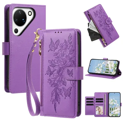 Produktbild von Handyhülle für Huawei Pura 90, Wallet Case Kunstleder mit Kartenfächern, Reißverschluss und Handschlaufe Lila