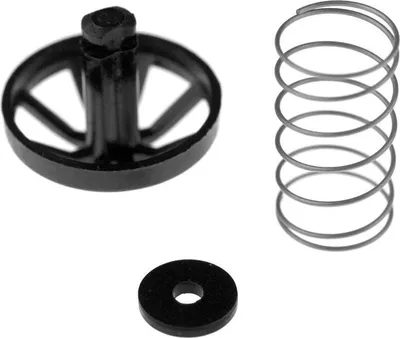 Three product components are arranged against a white background: a black plastic fastener on the left, a coiled spring in the upper right, and a small black washer at the bottom.