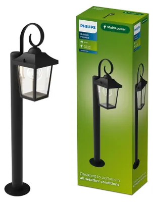 Produktbild von Philips Buzzard Außen-Sockelleuchte + E27 LED-Lampe, warmweißes Licht, IP44-wetterfest, langlebig, Aluminium, klassisches Design, schwarz