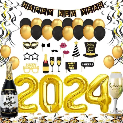 Produktbild von JUNG Hängedekoration Silvester Deko 2024 XXL Dekoration Set 51 teilig Neujahr Silvesterdeko (Happy New Year 2024, Silvesterparty, Girlande)