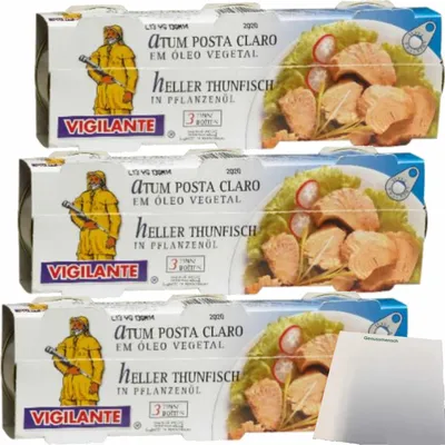 Produktbild von Vigilante "Thunfisch in Pflanzenöl" Atún en aceite vegetal 3er Pack (3x 3x80g Dose) + usy Block