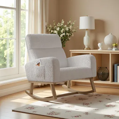 Zdjęcie produktu dla Fotel bujany, fotel bujany, tapicerowany fotel bujany z drewnianą ramą, leżanka z podłokietnikiem, do sypialni, salonu