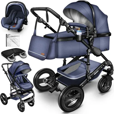 Image de KIDUKU® Poussette combinée 3 en 1 Bleu/Noir Buggy Poussette de voyage avec coque auto/bébé Pliable ECE R129