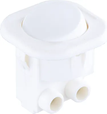 A white push-button switch with two small tubes protruding from the bottom, isolated on a white background.
