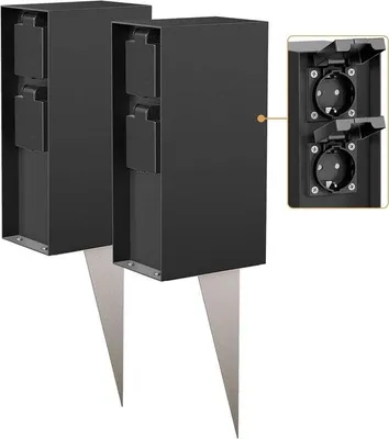 Produktbild von Bauarbeitsbox Garagenträäler - Außenstromverteiler Stromzelle - Außenstromquelle - 4 Steckdosen Klappluftschutz - 23cm Höhe - Schwarz