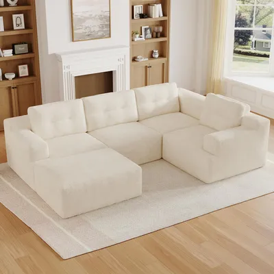 Produktbild von Merax 5 Sitzer Modulares U-Form Ecksofa, Rahmenloses Kombinationssofa Mit Hocker, L-Form Sofa Aus Vollschaum, Chenille Couch, Soffa, Beige