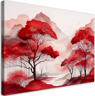 Produktbild von Leinwandbild Rote Landschaft Wald Berge 100x70 Feeby Rot bild für die wand bereit zum aufhängen