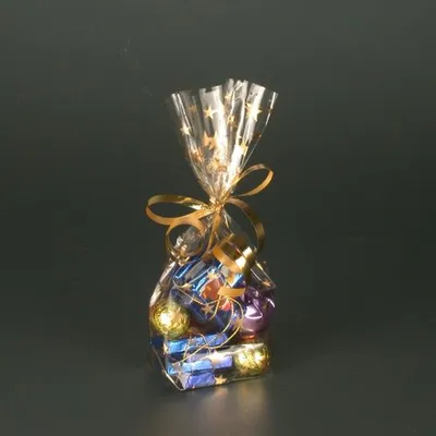 Produktbild von 10 Papstar Bodenbeutel, PP 16 cm x 9,5 cm x 4 cm transparent Sterne, gold 12492