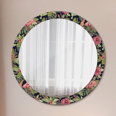 Produktbild von Ø90cm Spiegel - Glasrahmen mit Aufdruck - Wandspiegel Schlafzimmer - Hibiskus Blumen