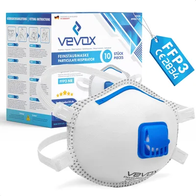 Produktbild von VEVOX® FFP3 Maske mit Ventil – 5er, 10er oder 20er Set – Staubmaske – Atemschutzmaske – Staubschutzmaske – Feinstaubmaske – Atemschutz