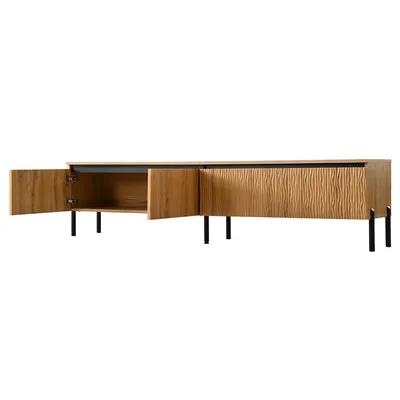 Produktbild von Merax TV Lowboard mit 4 wellenförmige Türen und Kabelmanagement,  TV Schrank mit geschlossener Stauraum und Metallfüße, TV-Board aus PB+MDF, Natur