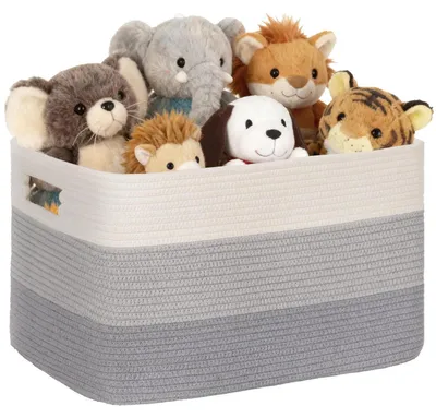Immagine prodotto di Cesto portaoggetti da 60 litri, realizzato in corda di cotone intrecciata, con maniglie e motivo cromatico sfumato, colore grigio, dimensioni 53x38x29 cm