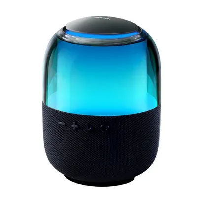 A black and blue Bluetooth speaker with RGB lighting.