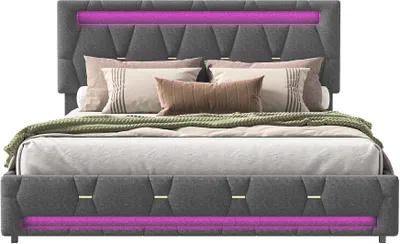 Produktbild von Fortuna Lai Polsterbett 140x200cm, Doppelbett Stauraumbett, mit Lattenrost und 4 Schubladen, LED-Beleuchtung, Leinen, grau