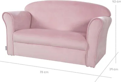 A pink children's sofa with dimensions indicated.