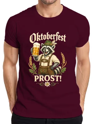 Productafbeelding van , PROST, wasbeerprint, lederen broek, bierkan, dirndl, Wiesn, heren T-shirt, bordeauxrood, maat S