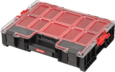 A black and red organizer box with a clear lid, shown from a slightly elevated angle.