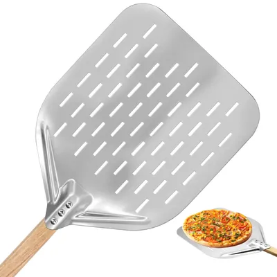Productafbeelding van Pizzaschep pizzaschuiver - Geperforeerd - 40 x 30 cm - Aluminium - Afneembaar houten handvat
