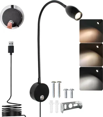 Produktbild von LED Wandleuchte Flexibel Lampenarm Dimmbar, Leselampe 3 Lichtfarben Memory Funktion, Wandlampe Touch Schalter USB,  3W Nachtlicht Schwarz