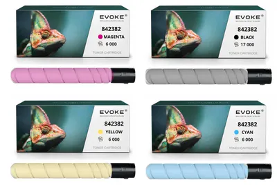 Image de Cartouches de toner compatibles Evoke pour Ricoh 842601, 842602, 842603, 842604, 842382, 842383, 842384, 842385, 4 x CMJN : Noir, Cyan, Magenta, Jaune, pour les modèles IM C300 et IM C300F, rendement de 35 000 pages
