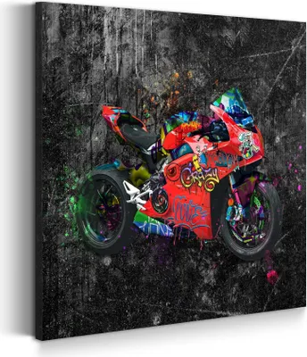 Produktbild von Ducati Street Art rotes Motorrad Leinwandbild Wandbild Kunstdruck XL Wanddeko: 120x120x4cm