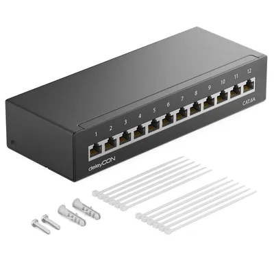 Produktbild von deleyCON CAT 6a Patchpanel Verteilerfeld 12 Port 1HE Desktop & Wandmontage Geschirmt 12x RJ45 Buchse LAN Netzwerk Verlegekabel TIA568A TIA568B RAL 9005 Schwarz