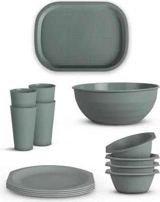 Image de Set de vaisselle en plastique - réutilisable vert 14 pièces pour 4 personnes