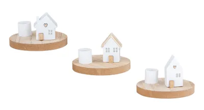 Produktbild von 3er Set Kerzenhalter Haus Weiß Natur Stabkerzen Tischdeko Kerzenständer Kerzendeko Deko Häuschen