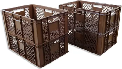 Two brown plastic crates are stacked on a white background.