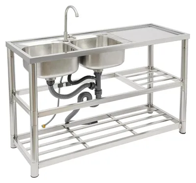 Produktbild von Freistehende Spüle aus Edelstahl - Doppelbecken Gastro Spültisch - Mit Wasserhahn - Abtropffläche - 3 Ablageböden - 120x45x80 cm - Silber