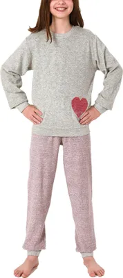 Produktbild von Mädchen Frottee Pyjama langarm mit Bündchen, Hose gestreift, Oberteil mit Herz-Motiv ; grau , 134