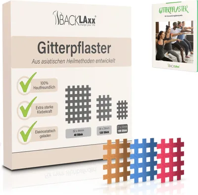 Produktbild von BACKLAxx® Gittertape - 180 Stück bunt in  Gitterpflaster Set in Größe Typ a - GRATIS umfangreiches eBook mit über 60 Anwendungsbeispielen