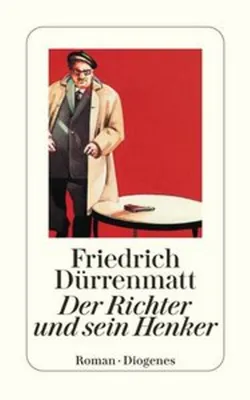 A book cover with an illustration of a man standing next to a table with a gun on it, against a red background.