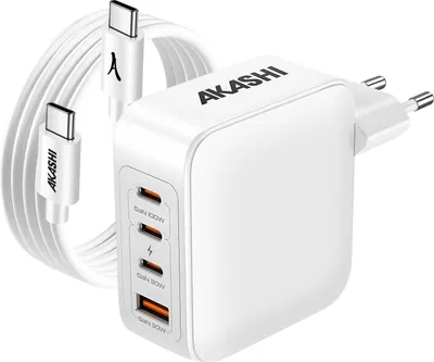 Immagine prodotto di Alimentatore Akashi da 130W con 2 porte USB-C da 100W e 1 porta USB da 30W, incluso cavo USB-C da 100W, colore bianco