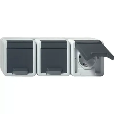 Produktbild von Gira SCHUKO-Steckdose Aufputz, mit Klappdeckel, grau, Steckdosen 3, waagerecht 78930