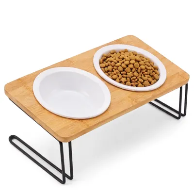 Produktbild von Penelife Futterstation mit 2 Näpfen - Bambus Ständer mit Futternapf - Fressnapf - Trinknapf für Hunde und Katzen - Hundenapf Erhöht (12 cm) in Natur