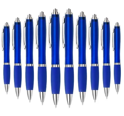 Produktbild von 10 Stück ergonomische Kugelschreiber, Blau Druckkugelschreiber mit blauer Tinte, rutschfester Weichgummizone Großraummine, für Büro Schule Haushalt