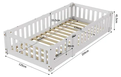 Zdjęcie produktu dla Łóżko Montessori dla dzieci - łóżko dziecięce 120x200 cm - wykonane z litego drewna sosnowego - z barierą ochronną - z elastycznym stelażem - dla chłopców i dziewczynek - białe