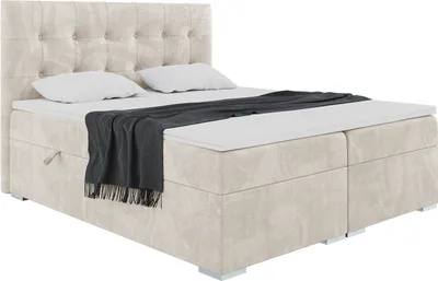 Produktbild von MEBLINI Boxspringbett mit Bettkasten - Gepolstert Doppelbett mit Matratze und Topper - Polsterbett mit Stauraum - Bett mit Kopfteil - Stauraumbett - DENIZ - 160x200 - H3/Creme Samt