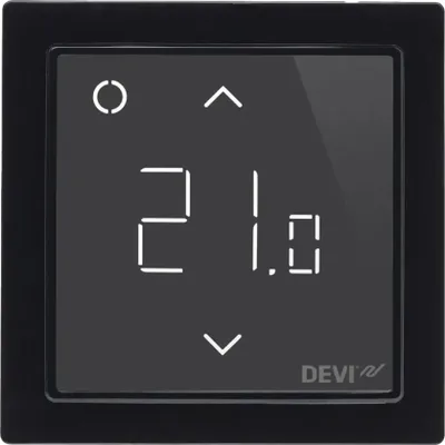 A digital thermostat with a black frame and a black screen displaying the temperature.