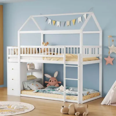 Produktbild von AIORBER Hochbetten ,90 x 200 cm, Hausform, mit Stauraum, Sicherheitszaun,  mit Einlegeböden, niedrige Liegefläche,Massivholz, Kinderbett, Weiß