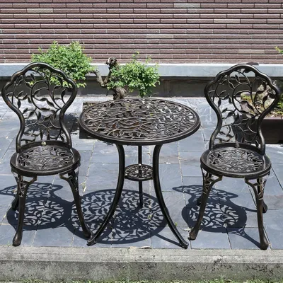 Image de Ensemble de table et chaises (3 pièces) - Ensemble de mobilier de jardin - Ensemble bistro - Ensemble pour balcon - Mobilier de jardin en aluminium - Aspect bronze