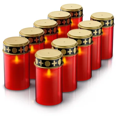 Imagen del producto de Bearware, juego de 10 velas LED para tumbas, funcionan con pilas, con efecto parpadeante y luz blanca cálida de 3000 K, duración de la luz de aproximadamente 4 meses por juego de baterías, para tumbas, 10 unidades, color rojo