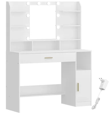 Imagen del producto de Tocador – Mesa de maquillaje con espejo – Iluminación LED con intensidad regulable – Amplia superficie – 2 cajones y un armario – Estantes abiertos – Blanco