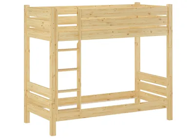 A wooden bunk bed frame shown against a white background.