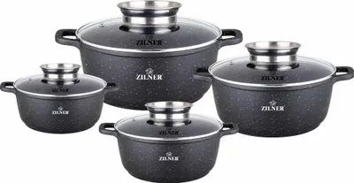 A set of four black pots with speckled gray and white patterns and glass lids with silver rims and handles, arranged on a white background.