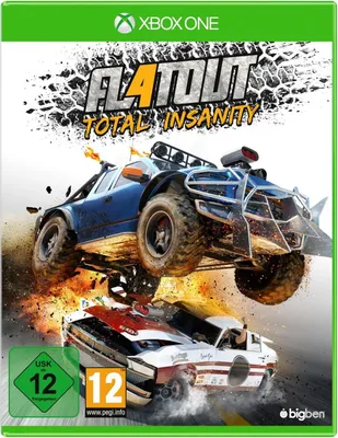 Cover art for the video game Flatout 4 Total Insanity for Xbox One, showing two cars in a destructive race.